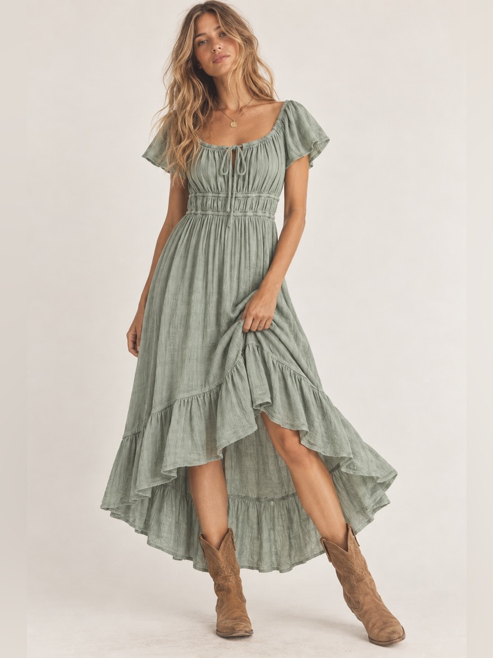 Rewind Sage Green Boho Cottagecore Hi Low Ruffle Midi Dress Size S